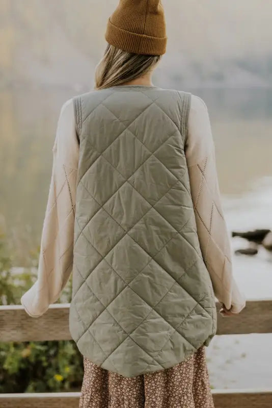 Grass green quilted long vest jacket with pockets - outerwear