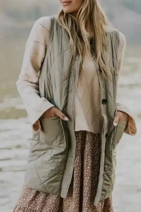 Khaki quilted long gilet sleeveless casual outerwear front view — Fashionfitz UK