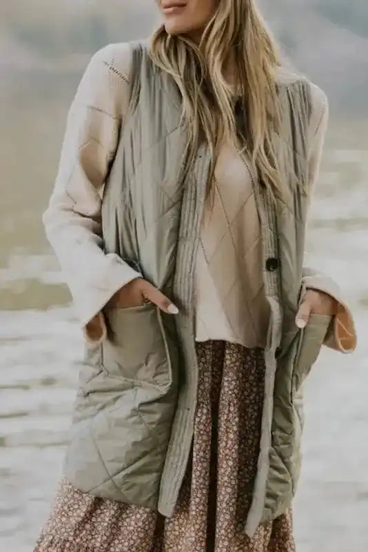 Khaki quilted long gilet sleeveless casual outerwear front view — Fashionfitz UK