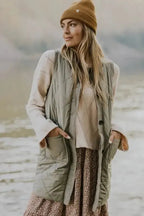 Grass Green Quilted Long Vest Jacket with Pockets - Fashionfitz