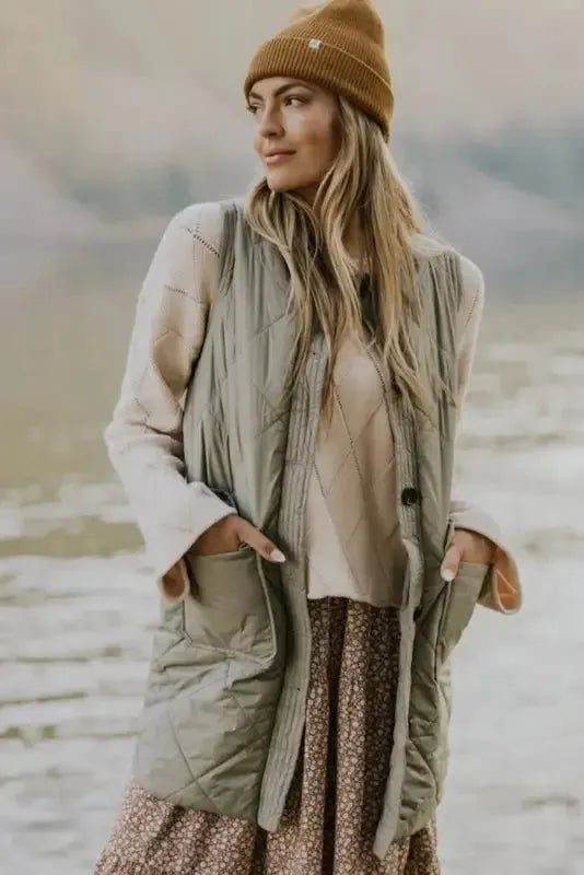 Grass Green Quilted Long Vest Jacket with Pockets - Fashionfitz