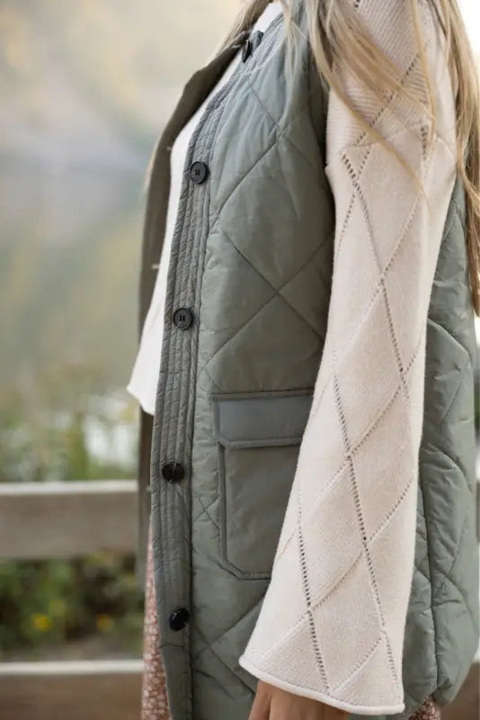 Grass green quilted long vest jacket with pockets - outerwear