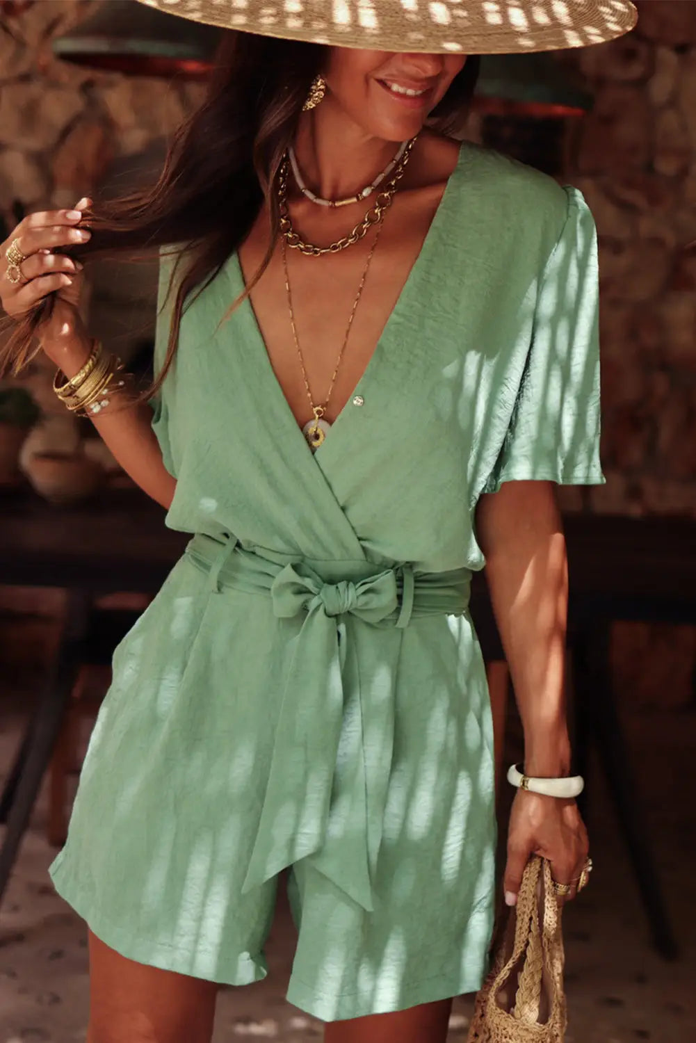 Grass green solid color v neck wrap waist tie romper - l / 100% polyester - jumpsuits & rompers