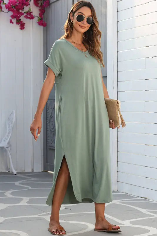 Grass green splits maxi t-shirt dress - t shirt dresses