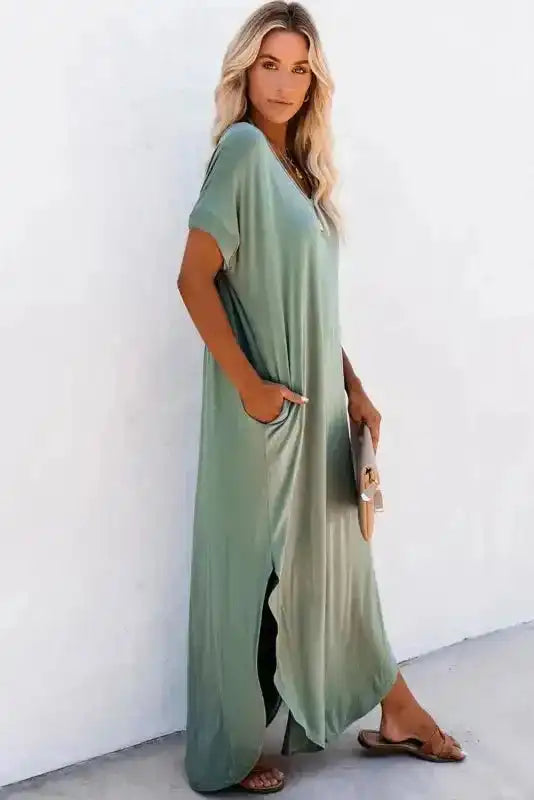 Grass Green Splits Maxi T-shirt Dress - Fashionfitz