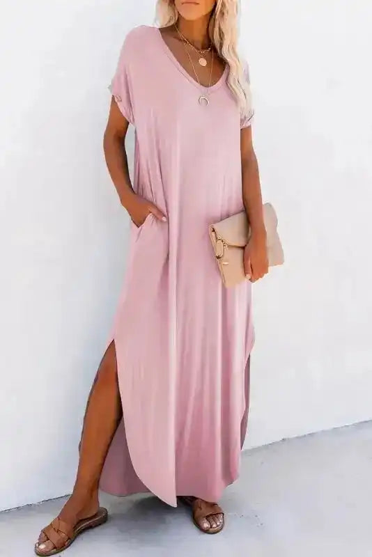 Pink V Neck Hidden Pocket Splits Maxi T-Shirt Dress Pink / S / 65%Polyester+30%Viscose+5%Elastane