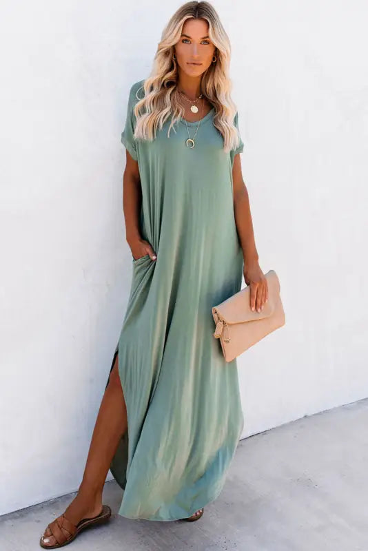 Grass green splits maxi t-shirt dress - t shirt dresses