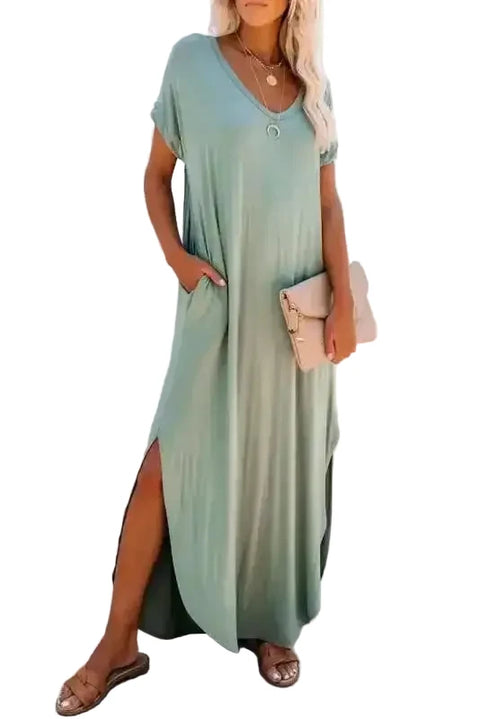 Grass Green Splits Maxi T-shirt Dress - Fashionfitz