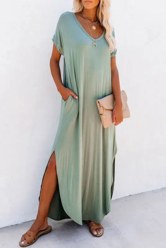 Grass green splits maxi t-shirt dress - s / 65% polyester + 30% viscose + 5% elastane - t shirt dresses