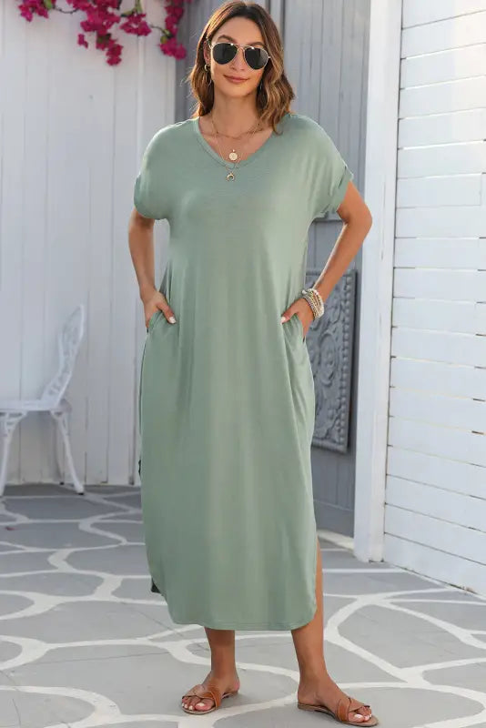 Grass green splits maxi t-shirt dress - t shirt dresses