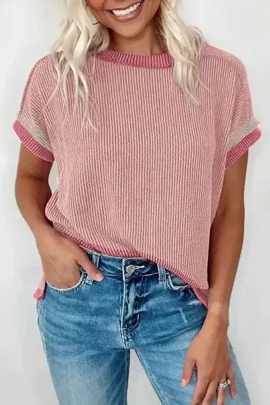 Grass Green Textured Contrast Trim T-Shirt Women UK — front view showing grass green colour and contrast trim detail — Fashionfitz