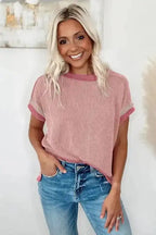 Grass Green Textured Contrast Trim T Shirt - Fashionfitz