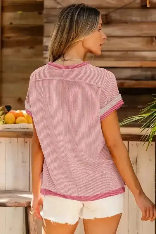 Back view of Grass Green Textured Contrast Trim T-Shirt showing contrast trim at sleeves and short sleeve fit — Fashionfitz