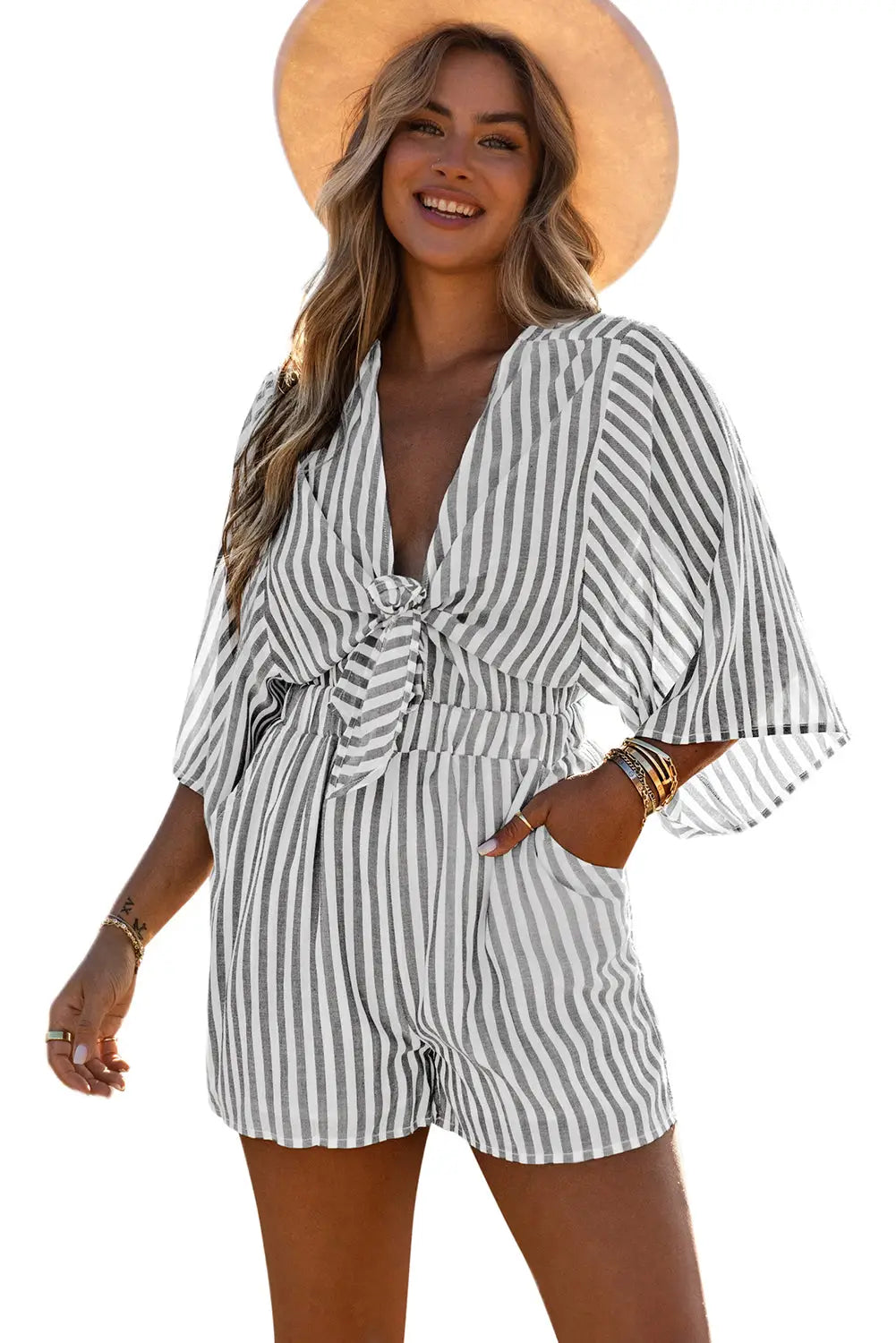 Gray 3/4 wide kimono sleeves tie front striped romper with pockets - jumpsuits & rompers