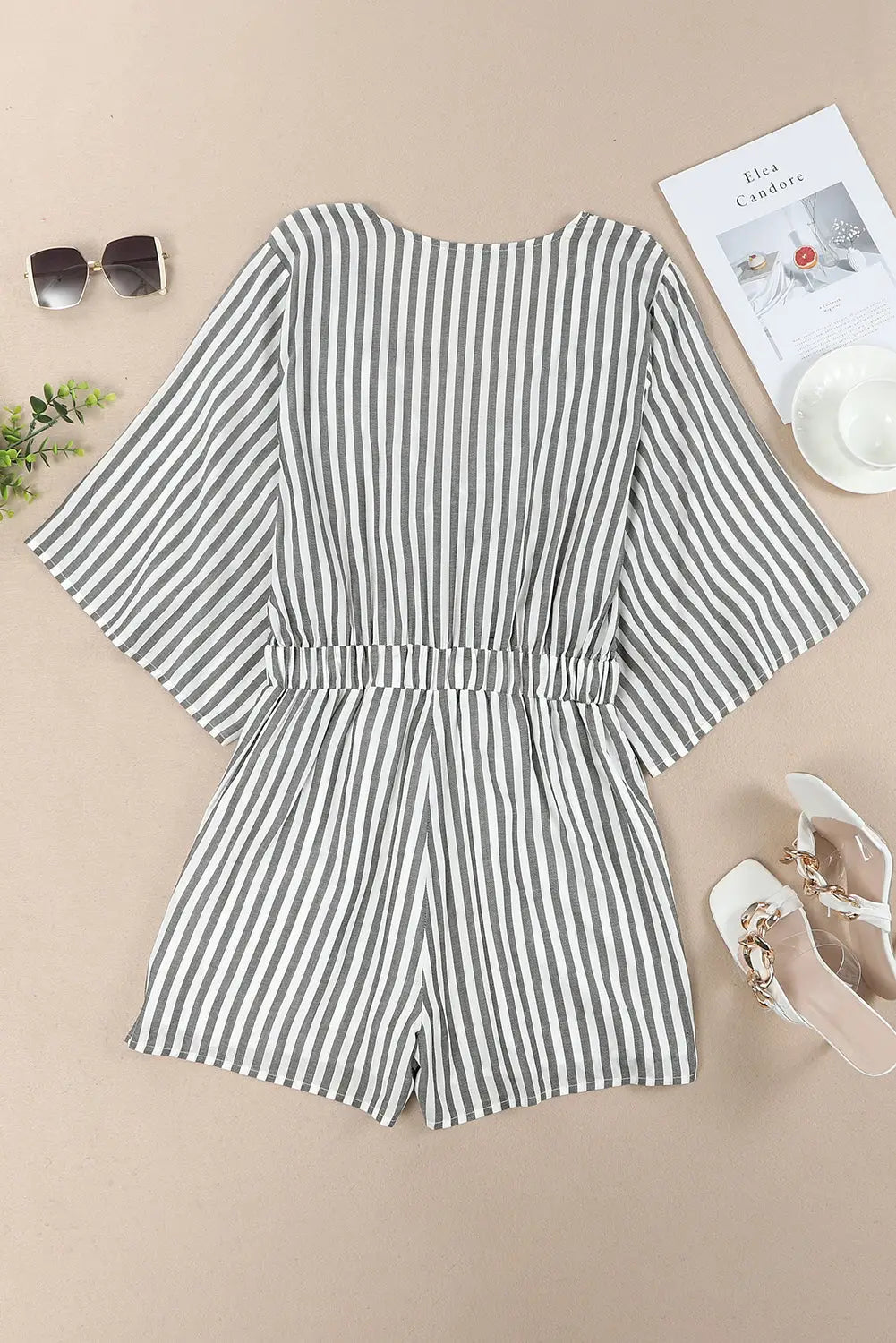 Gray 3/4 wide kimono sleeves tie front striped romper with pockets - jumpsuits & rompers