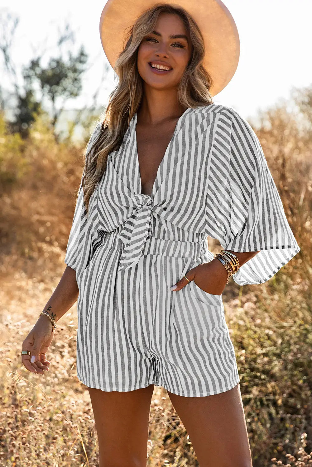 Gray 3/4 wide kimono sleeves tie front striped romper with pockets - s / 100% viscose - jumpsuits & rompers