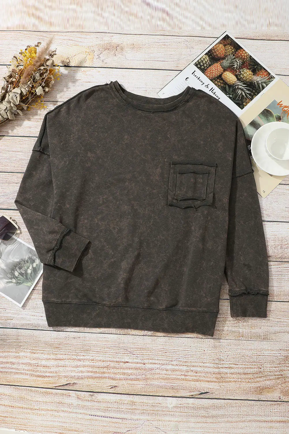 Gray acid wash drop shoulder long sleeve sweatshirt with pockets - sweatshirts & hoodies