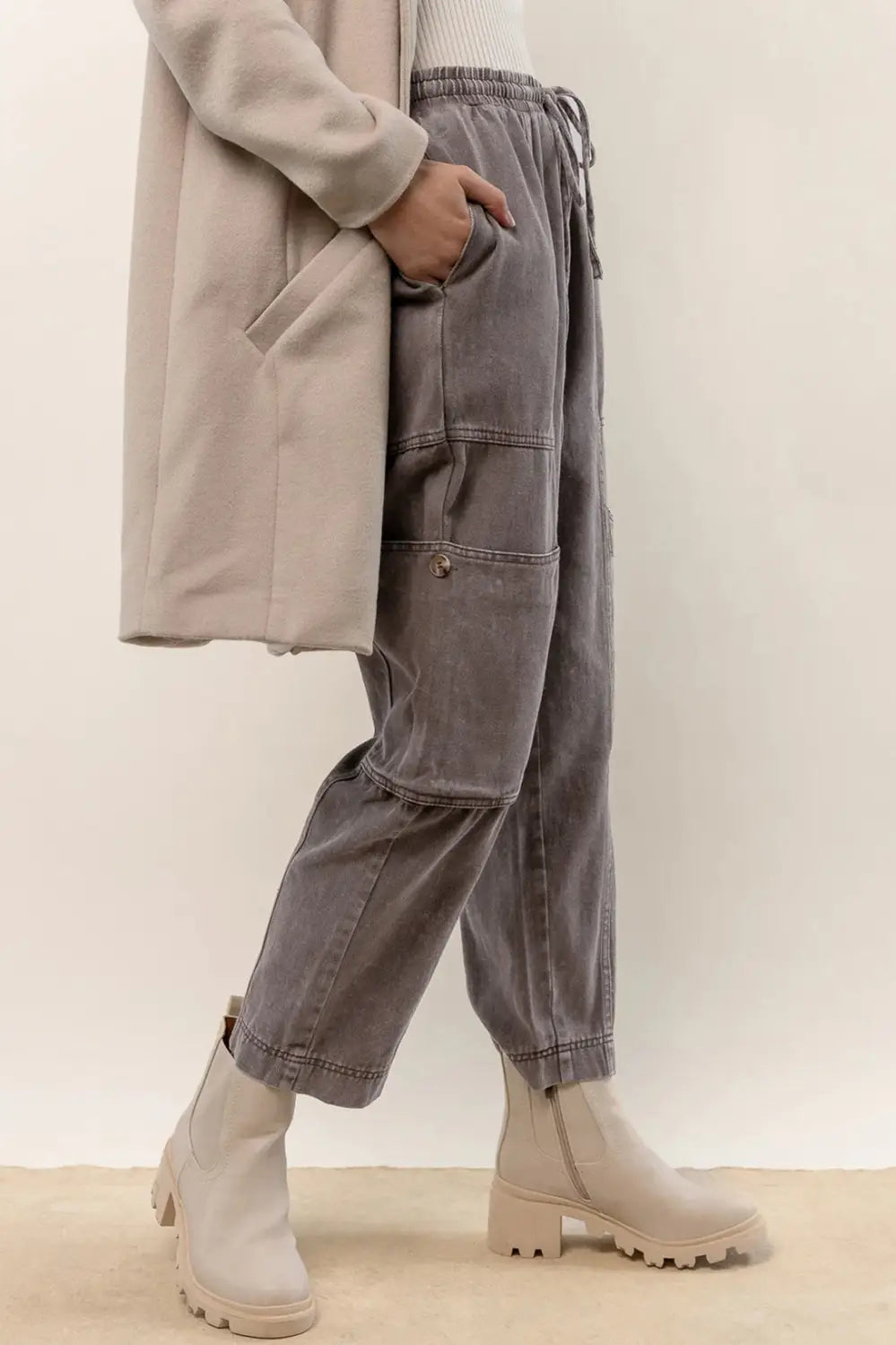 Gray acid wash multi pocket drawstring waist pants - bottoms
