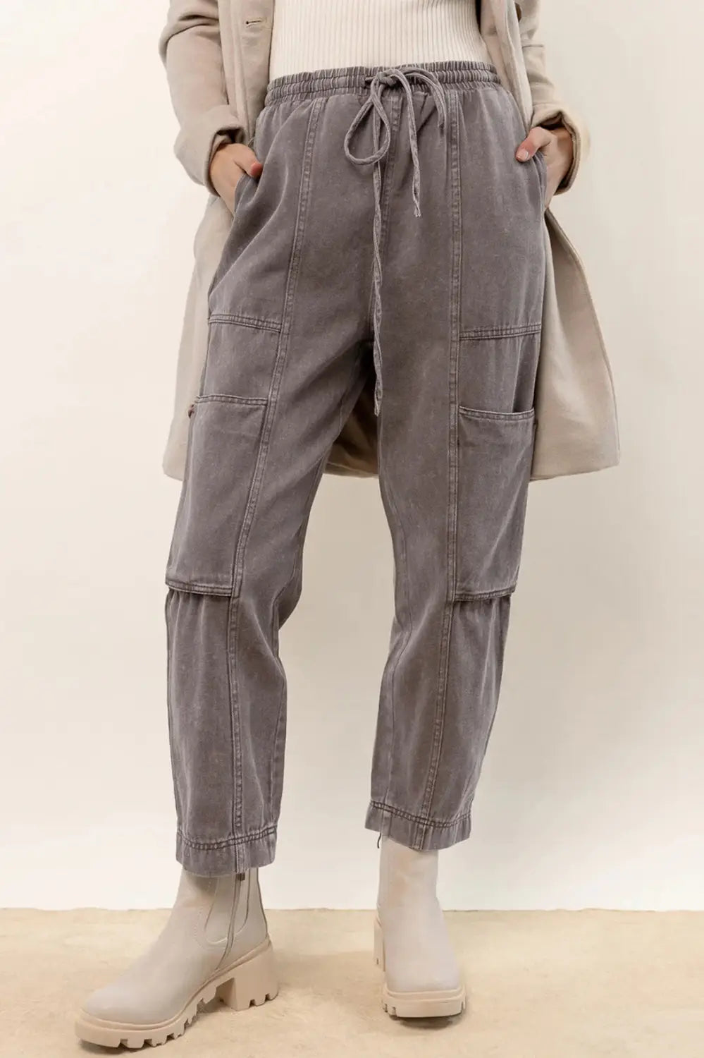 Gray acid wash multi pocket drawstring waist pants - s / 98% cotton + 2% elastane - bottoms