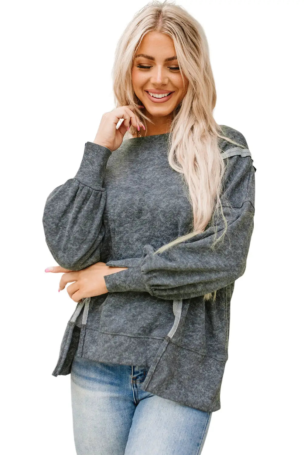 Gray acid wash relaxed fit seamed pullover sweatshirt with slits - sweatshirts & hoodies