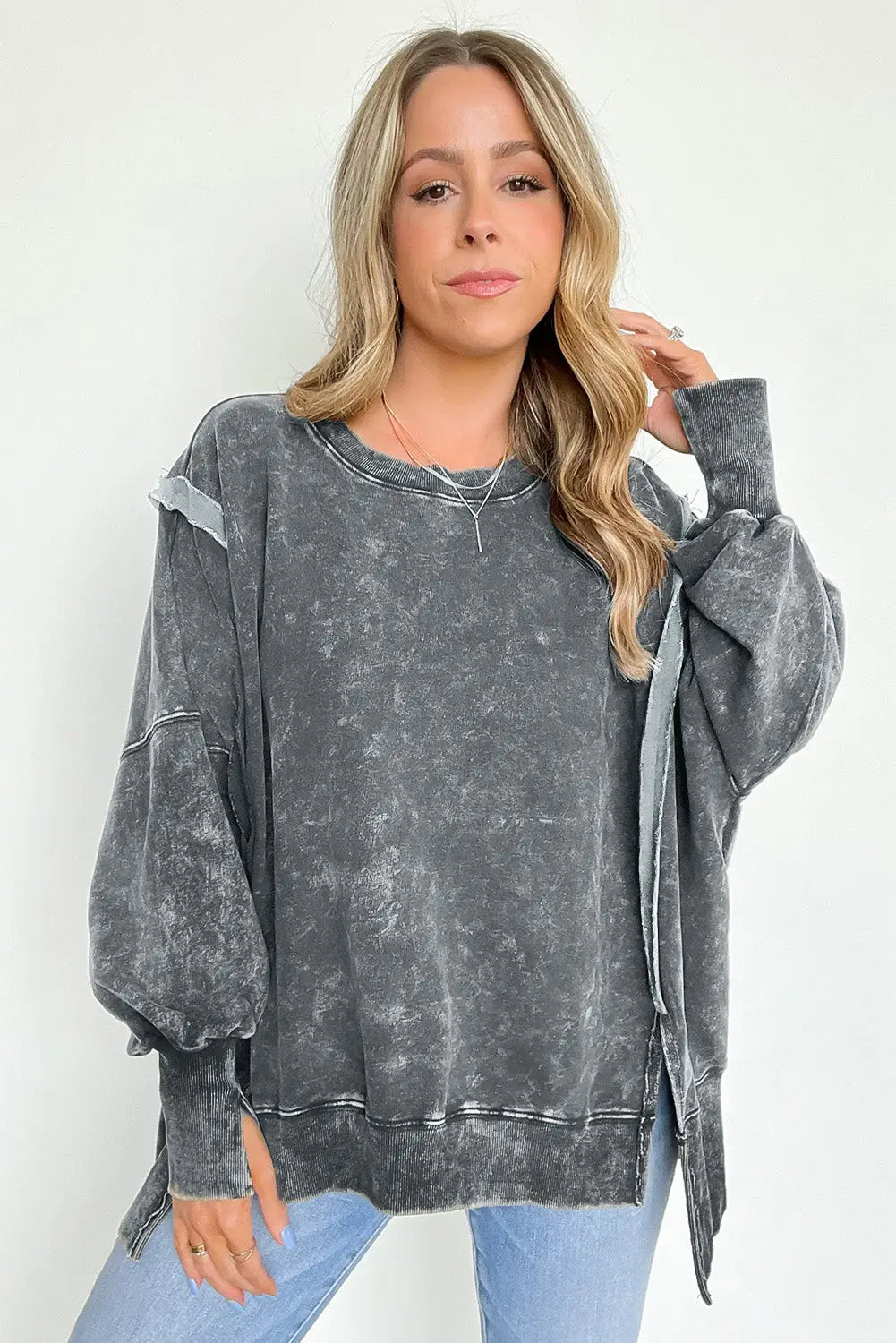 Gray acid wash relaxed fit seamed pullover sweatshirt with slits - sweatshirts & hoodies