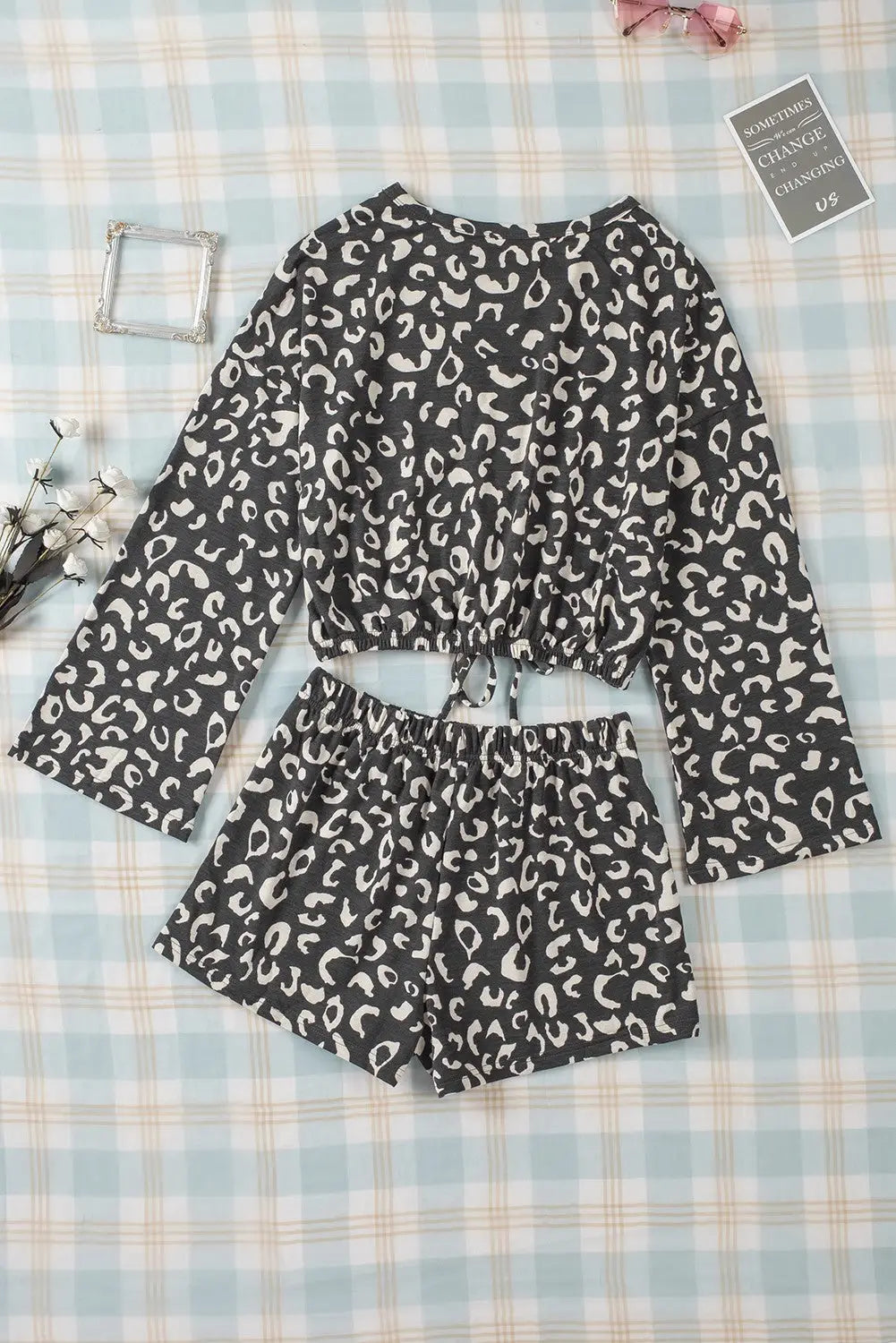 Gray animal print long sleeves pullover and shorts lounge