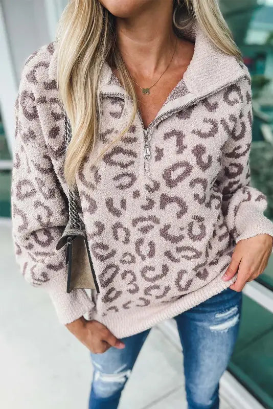 Gray animal print zipped collared sweater - s / 100% polyester - sweaters