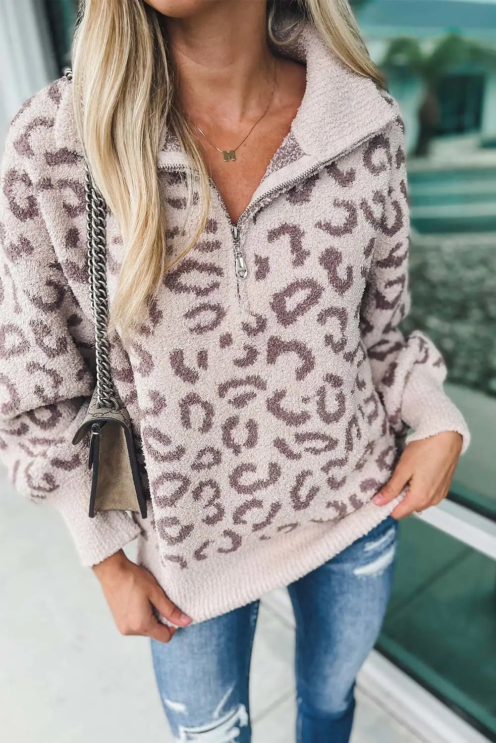 Gray animal print zipped collared sweater - sweaters & cardigans