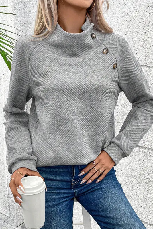 Gray asymmetric buttons detail high neck textured sweatshirt perfect for a cozy, relaxed look