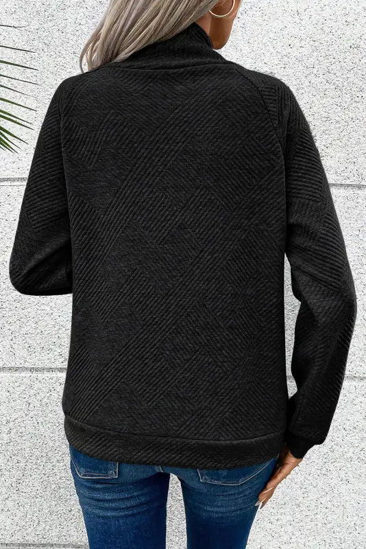 Black textured high neck jacket, blue jeans - relax relax with style