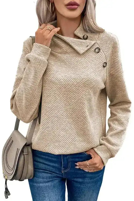 Gray Asymmetric Buttons Detail High Neck Textured Sweatshirt - Fashionfitz