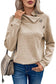 Gray high neck textured sweatshirt with decorative buttons and asymmetrical collar