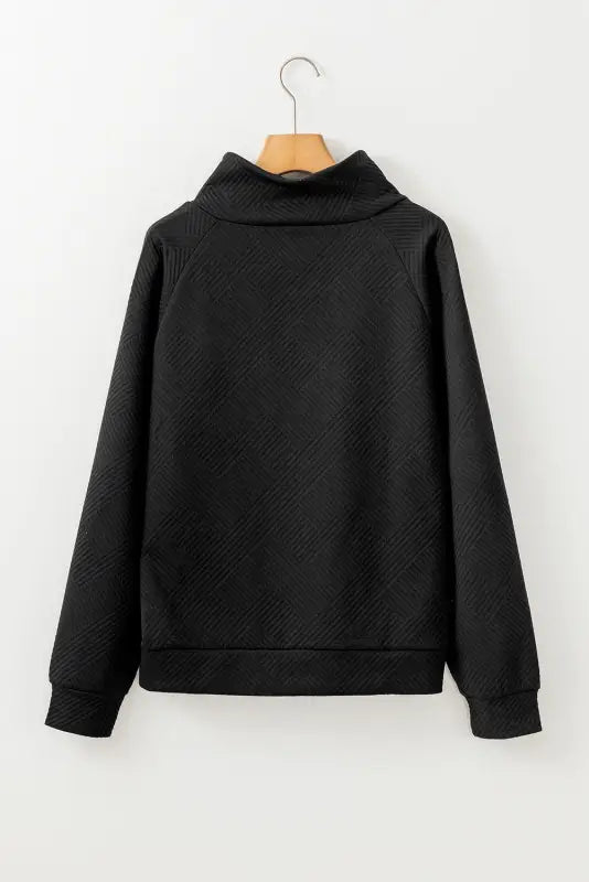 Black turtleneck sweater on hanger - gray asymmetric buttons high neck textured sweatshirt