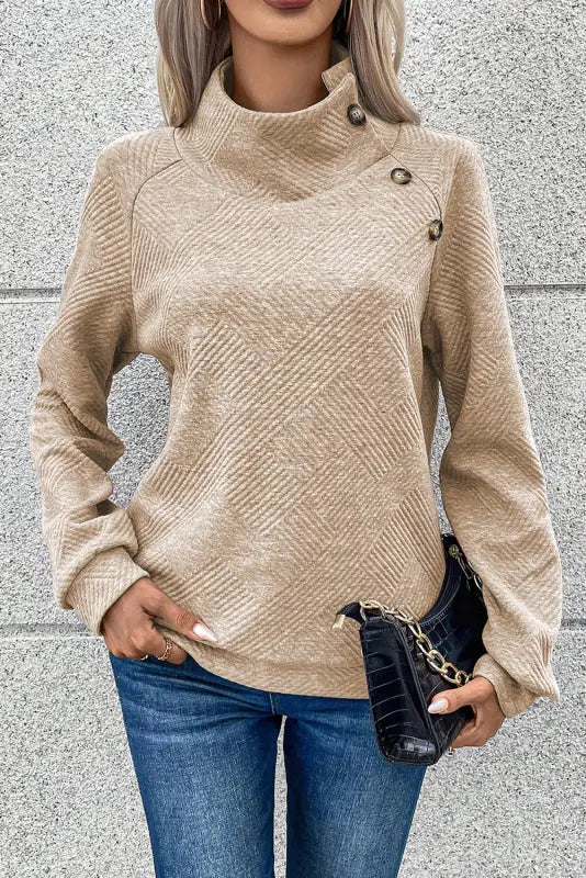 Gray high neck textured sweatshirt with asymmetrical buttons, perfect for relax relax days