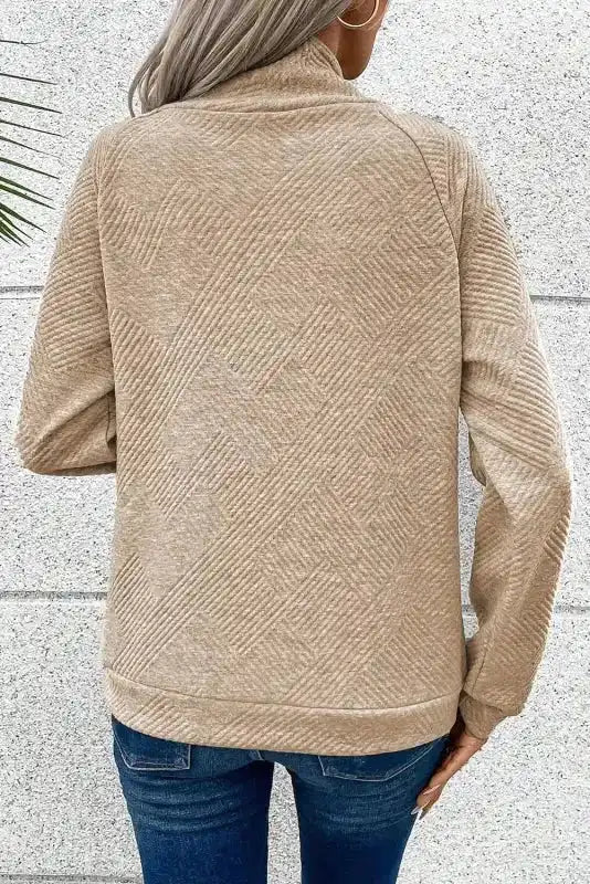 Gray Asymmetric Buttons Detail High Neck Textured Sweatshirt - Fashionfitz