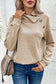 Gray high neck textured sweatshirt with an asymmetrical collar and decorative buttons