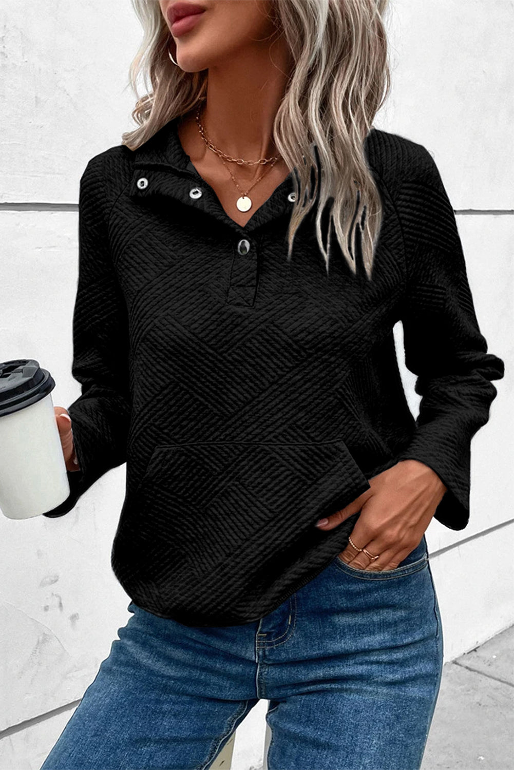 Gray asymmetric buttons detail high neck textured sweatshirt - black / m / 95% polyester + 5% elastane - tops
