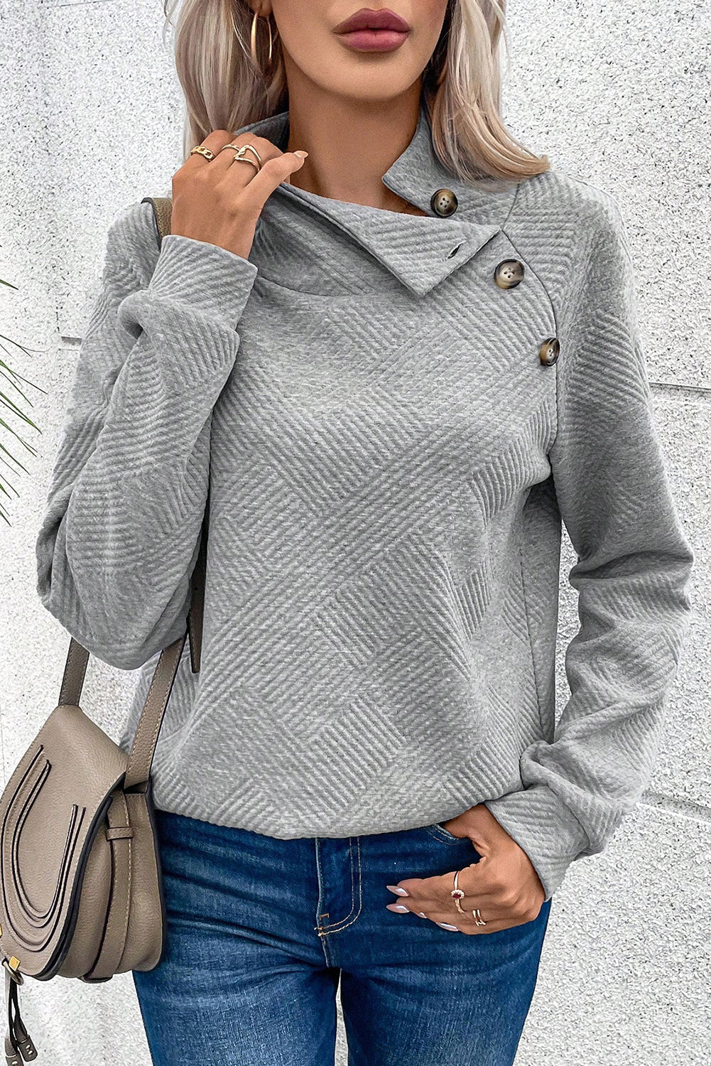 Gray asymmetric buttons detail high neck textured sweatshirt - s / 95% polyester + 5% elastane - tops