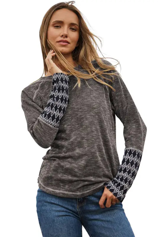 Gray aztec patchwork ribbed long sleeve top - tops