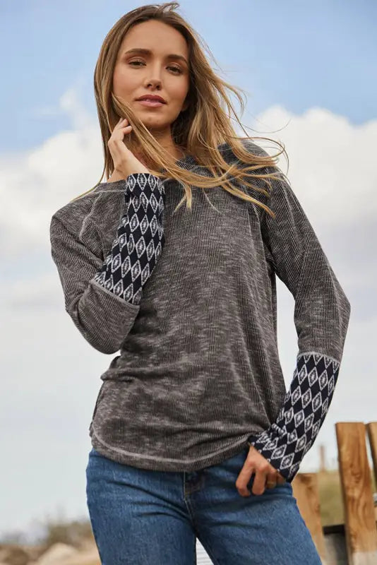 Gray aztec patchwork ribbed long sleeve top - tops