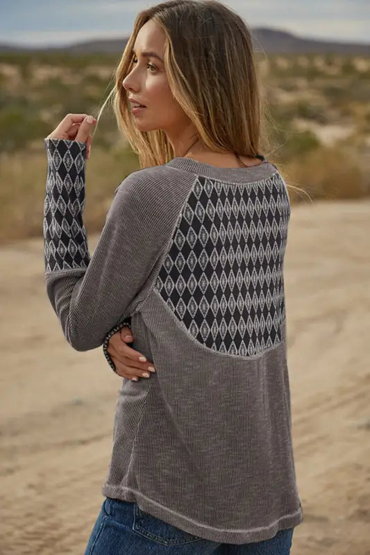 Gray aztec patchwork ribbed long sleeve top - tops