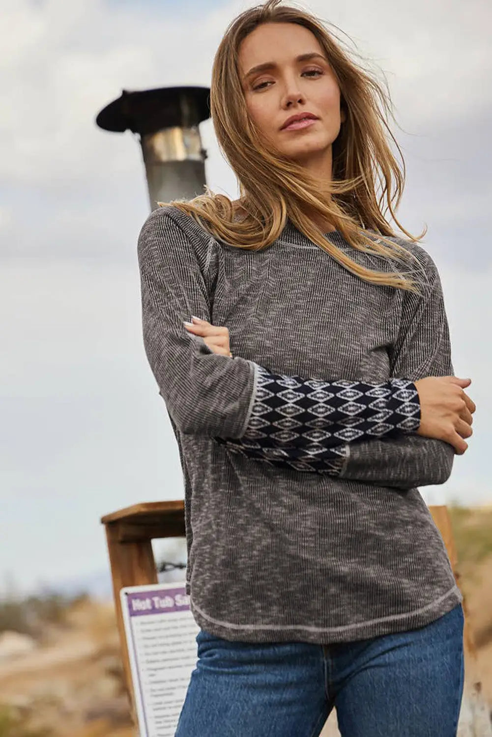 Gray aztec patchwork ribbed long sleeve top - tops