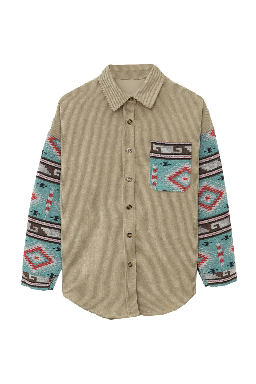 Gray aztec pattern sleeve pocketed corduroy shacket - jackets