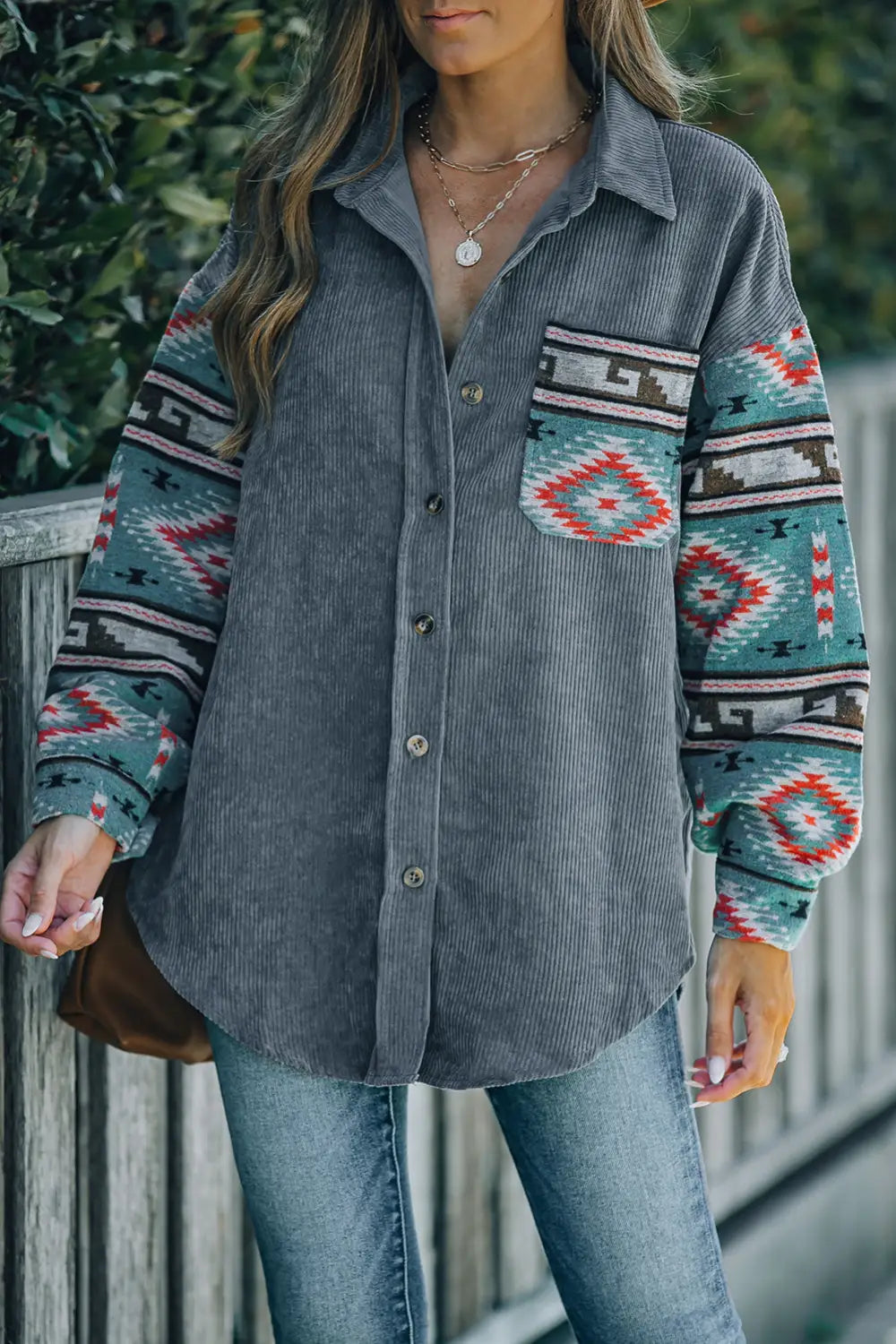 Gray aztec pattern sleeve pocketed corduroy shacket - jackets