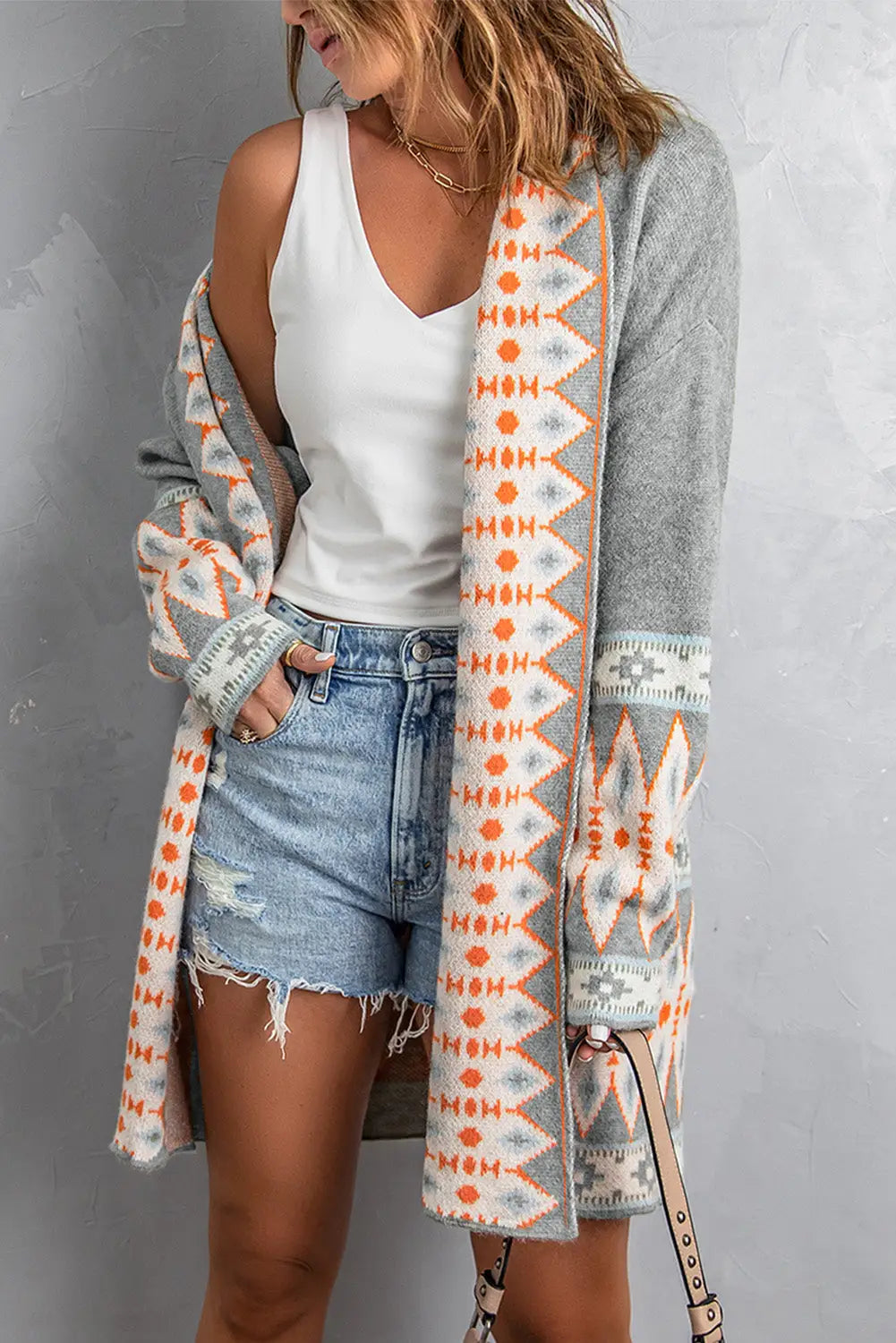 Gray aztec print open front knitted cardigan - sweaters & cardigans