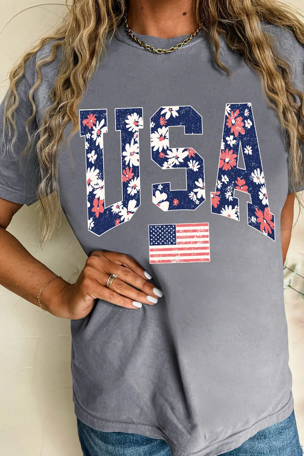 Gray blooming usa flag print casual t-shirt - s / 62% polyester + 32% cotton + 6% elastane - graphic t-shirts
