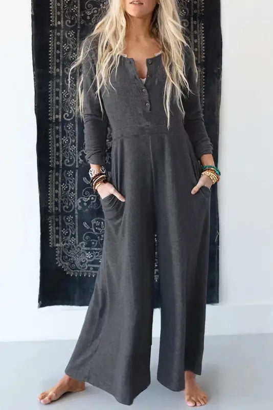 Gray button long sleeve wide leg jumpsuit - s / 85% polyester + 10% cotton + 5% elastane - bottoms