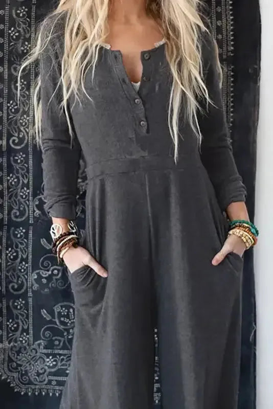 Gray Button Long Sleeve Wide Leg Jumpsuit - Fashionfitz