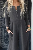 Gray Button Long Sleeve Wide Leg Jumpsuit - Fashionfitz