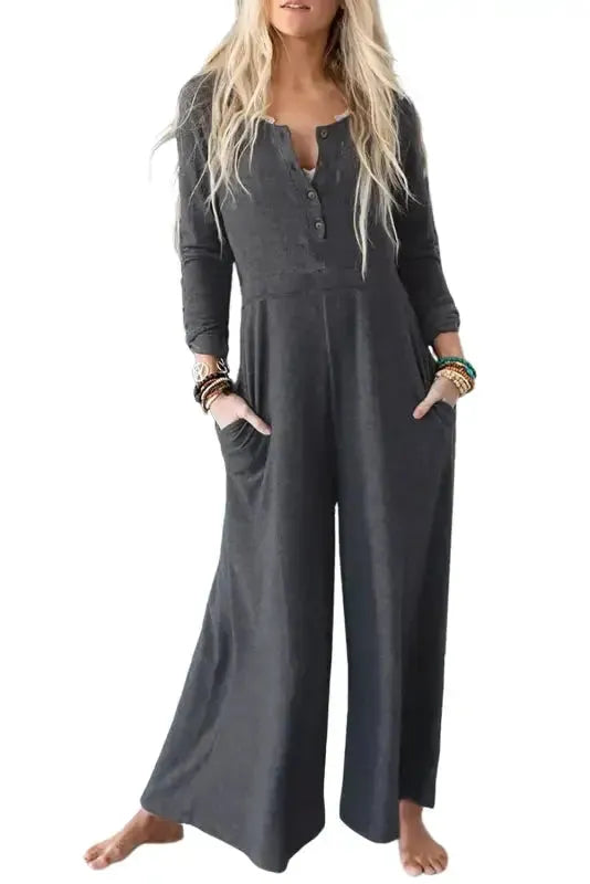 Gray Button Long Sleeve Wide Leg Jumpsuit - Fashionfitz
